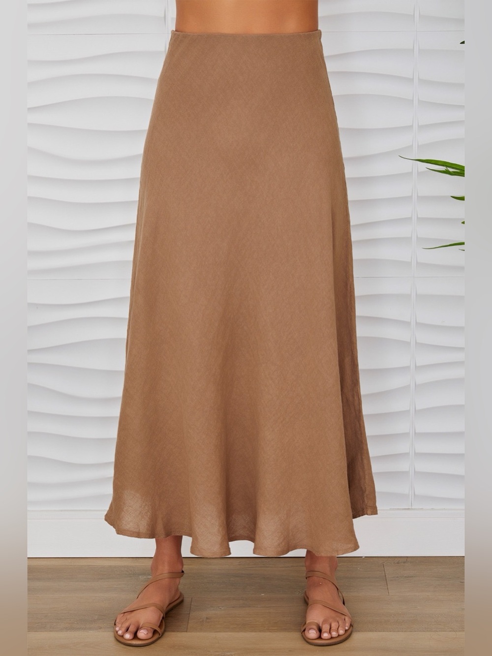 (113002-CAM) SOLID LINEN MIDI SKIRT